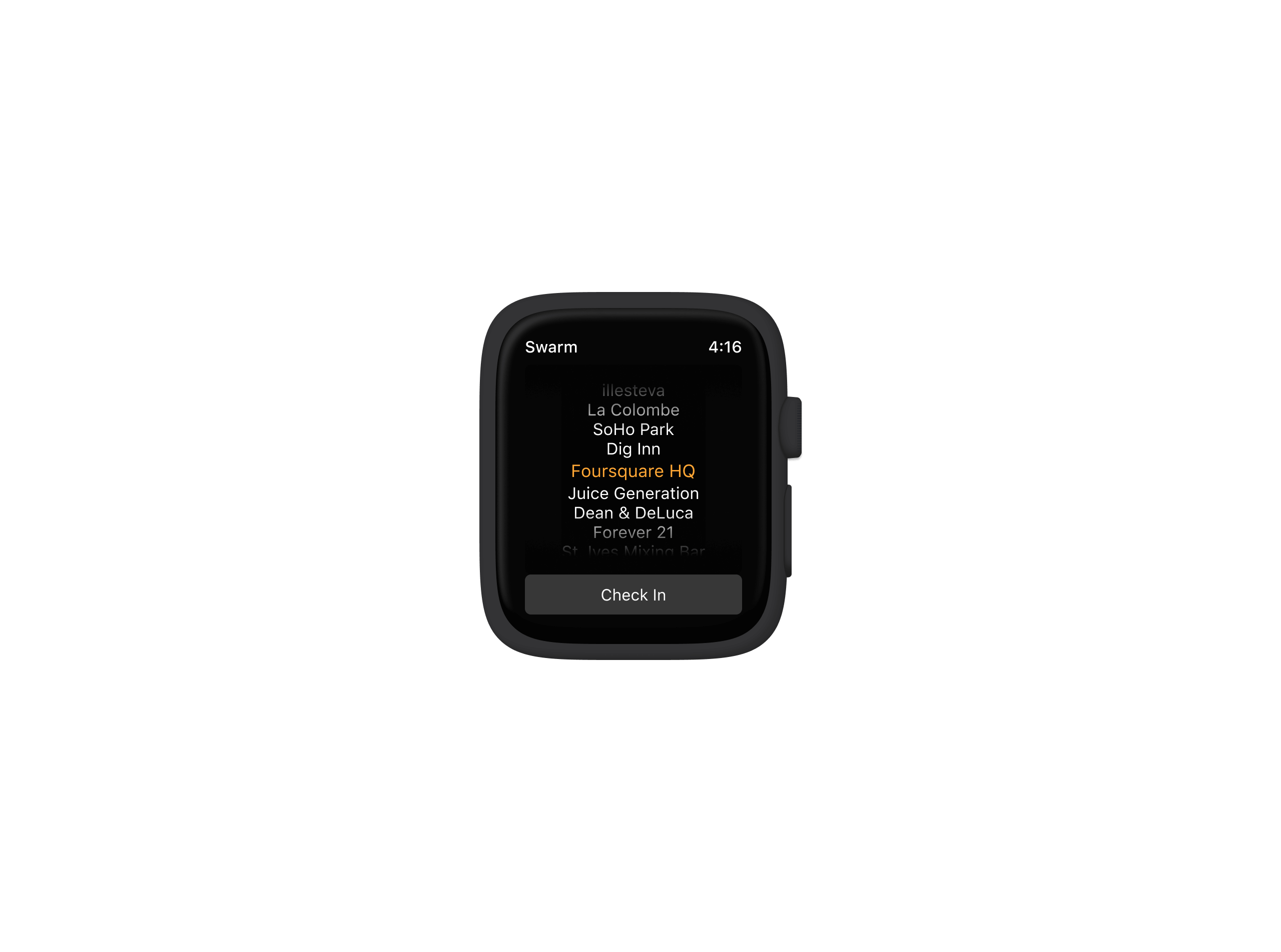 screenshot of Foursquare Swarm Apple Watch